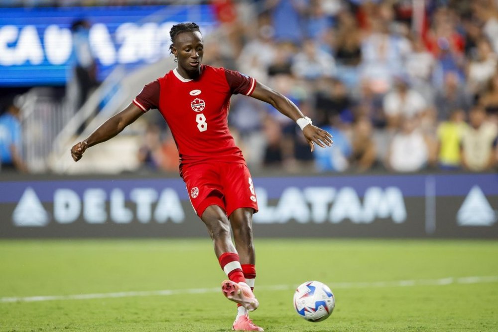 Canada midfielder Ismaël Koné shoots in a penalty shootout the Copa America third place soccer match against Uruguay in Charlotte, N.C., Saturday, July 13, 2024. THE CANADIAN PRESS/AP-Nell Redmond