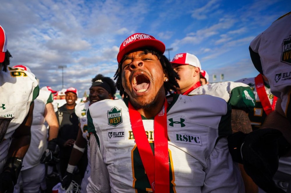 University of Regina Rams defensive back Michael Jourdan (8) celebrates after defeating the University of Saskatchewan Huskies at the U Sports Canada West Hardy Cup football championship action in Saskatoon on Saturday, Nov. 9, 2024. THE CANADIAN PRESS/Heywood Yu