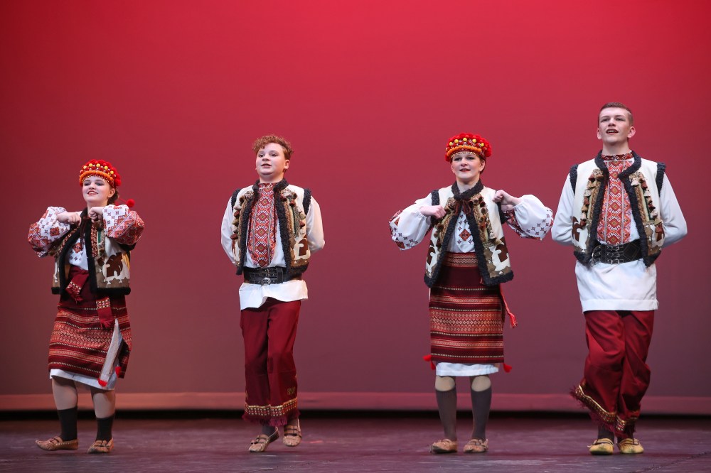 Dancers with the Yednist School of Ukrainian Dance perform a Hutzul small group dance in the folk dance small group, own choice, 14 years and under for small groups category.