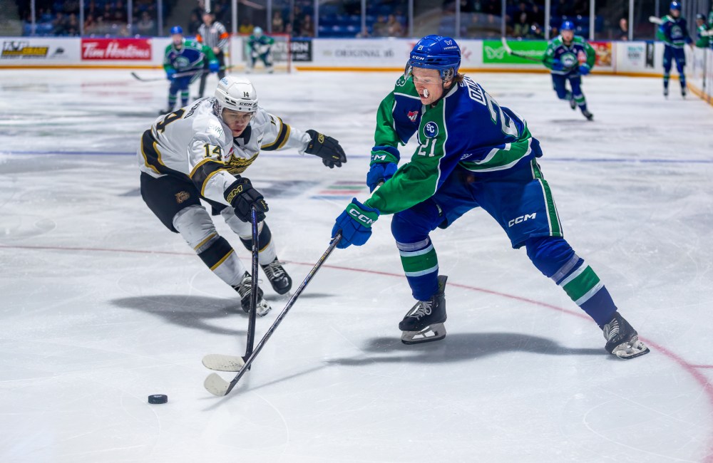 Brandon Wheat Kings defenceman Adam Belusko (14) defends against Swift Current Broncos forward Connor Dale (21) at InnovationPlex in Western Hockey League action on Saturday evening. (Ed Fonger Photography)
Feb. 22, 2025