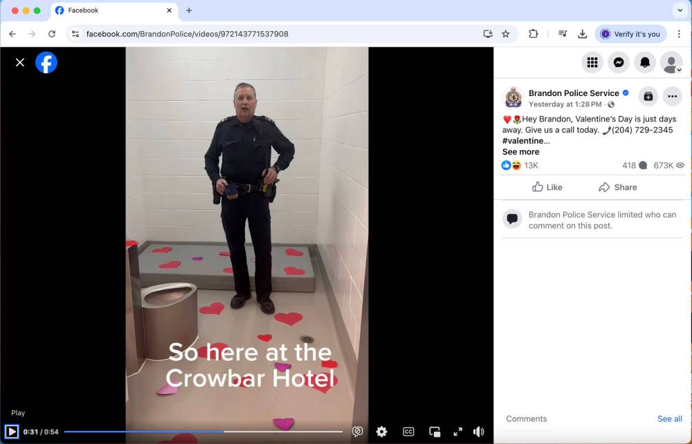 Brandon University sociology professor Christopher J. Schneider writes that this Valentine’s Day themed tongue-in-cheek video shared to Facebook by the Brandon Police Service misses the mark. (Facebook)