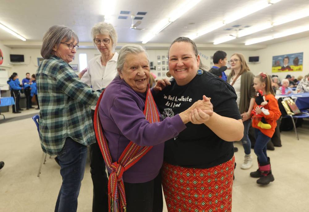 Jessica Genaille (right) dances with her 87-year-old grandmother Madeleine Genaille during Brandon’s celebration of Louis Riel Day on Monday, with Métis music, free food and a kids’ zone, held at the Manitoba Métis Federation’s (MMF) southwest region’s auditorium at 656 Sixth St. (Michele McDougall/The Brandon Sun)