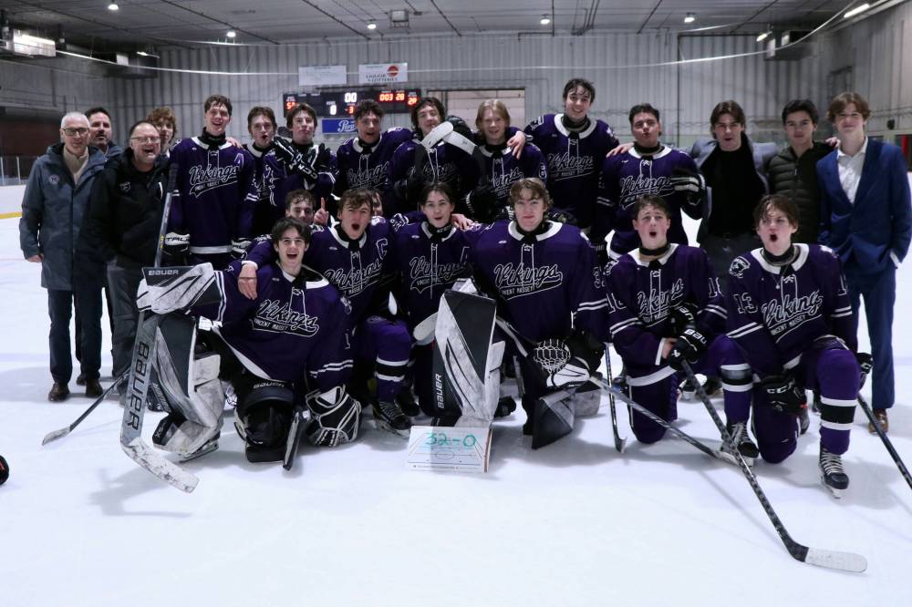 The Vincent Massey Vikings celebrate following the team's regular season finale, going a perfect 32-0 in the Westman High School Hockey League. (Matt Packwood/The Brandon Sun)
Feb. 23, 2025