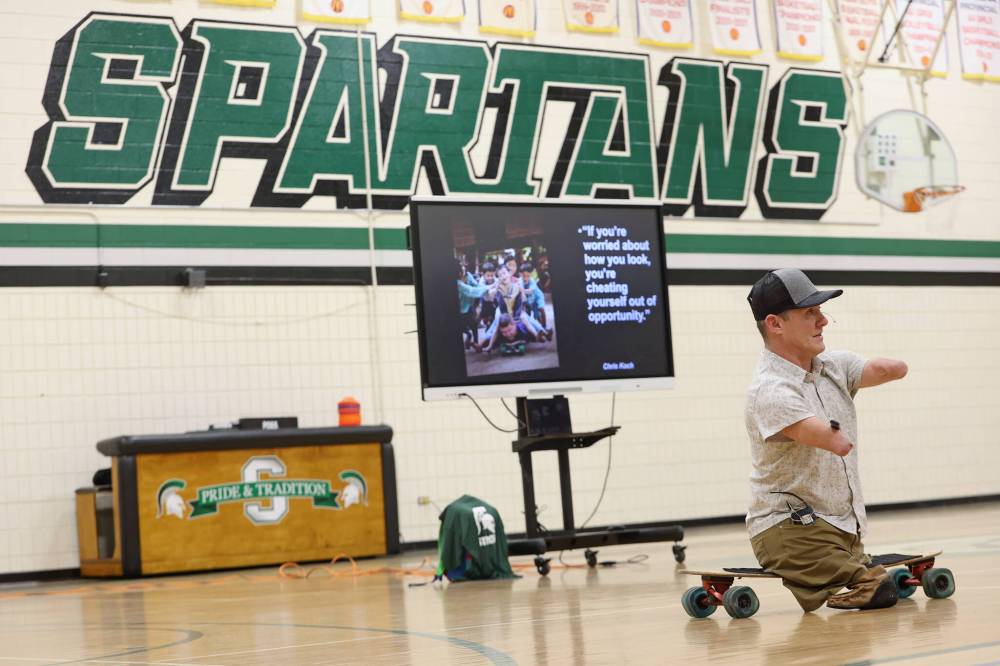 Koch speaks to students and staff at Neelin on Monday afternoon. (Tim Smith/The Brandon Sun)