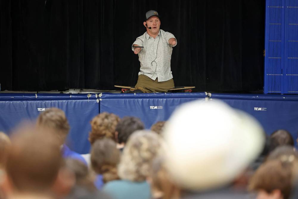 Koch speaks to students and staff at Souris School on Monday morning. (Tim Smith/The Brandon Sun)
