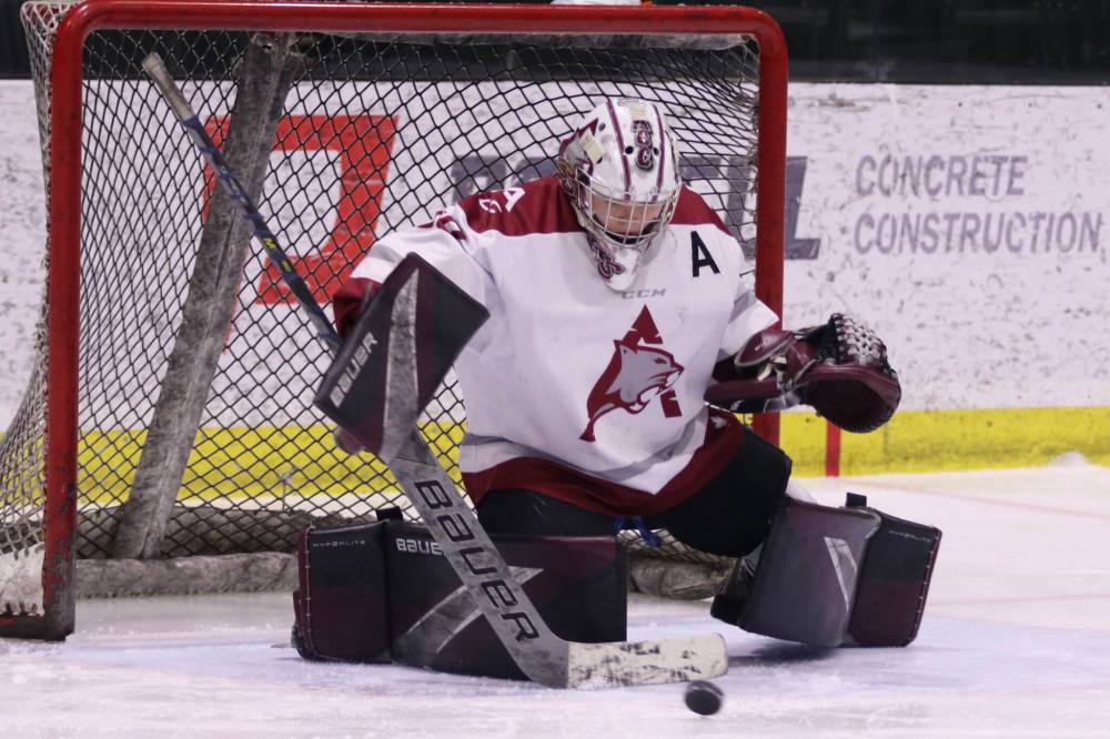 AC Cougars goaltender Payton Murray makes a save against the NDSU Bisons in Sunday's ACHA regular season finale at J&G Homes Arena. (Matt Packwood/The Brandon Sun)
Feb. 23, 2025