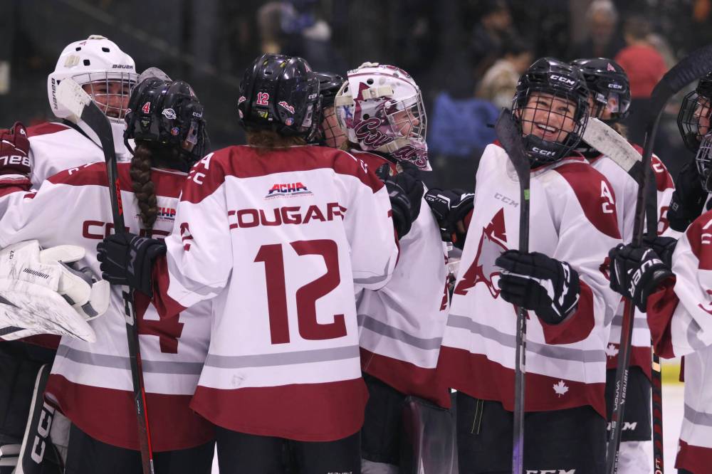 The AC Cougars are all smiles after winning Sunday's ACHA regular season finale to extend the team's win streak to 10 games. (Matt Packwood/The Brandon Sun)
Feb. 23, 2025