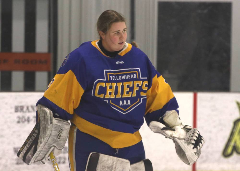 Yellowhead Chiefs goalie Clair Merckx, shown prior to the game, made 26 saves in a 1-0 shutout over the Brandon Wheat Kings in Game 4 of their Manitoba Female Hockey League U18 AAA quarterfinal playoff series. (Perry Bergson/The Brandon Sun)
Feb. 27, 2025