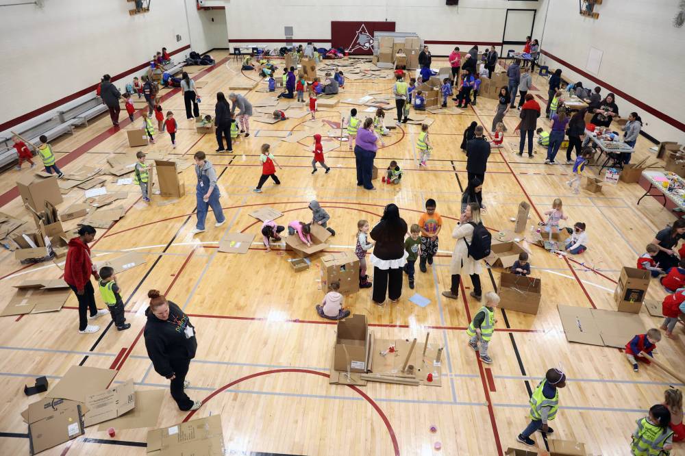 Children from a variety of early learning centres in Brandon took part in the annual Cardboard Box Challenge at Assiniboine College’s Victoria Avenue East campus on Friday morning, building anything their imagination could dream up out of cardboard and a variety of other materials. Assiniboine’s early childhood education program puts on the event which encourages creativity, problem-solving, teamwork and engineering skills among participants. (Photos by Tim Smith/The Brandon Sun)