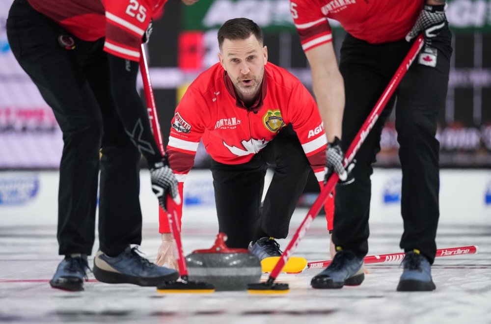 Canada skip Brad Gushue watches his shot while playing Newfoundland and Labrador during the Montana's Brier in Kelowna, B.C., on Friday, Feb. 28, 2025. THE CANADIAN PRESS/Darryl Dyck