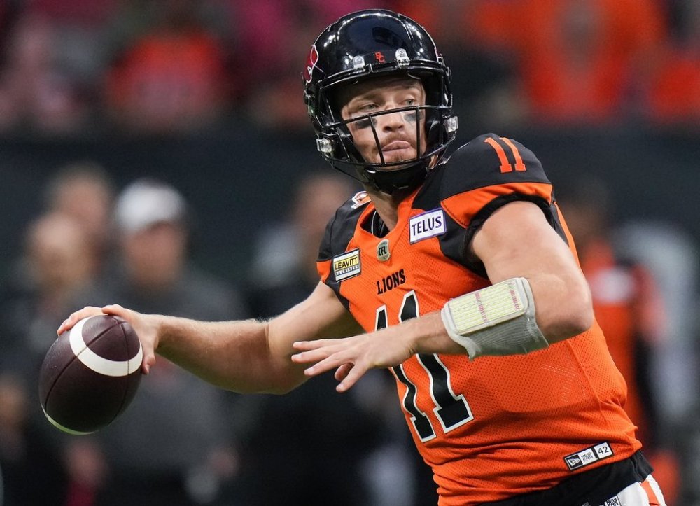 Canada's national senior men's football team will face Italy in an exhibition contest April 19 in Cagliari. It will mark the first meeting between the two countries. B.C. Lions quarterback Michael O'Connor, one of Canada's players, passes during the first half of CFL football game action against the Saskatchewan Roughriders in Vancouver on Friday, August 26, 2022. THE CANADIAN PRESS/Darryl Dyck
