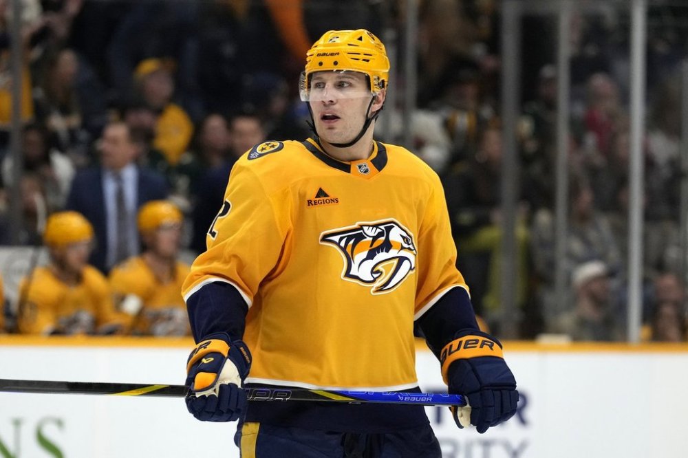 Nashville Predators defenceman Luke Schenn plays against the Minnesota Wild during the second period of an NHL hockey game Saturday, Jan. 18, 2025, in Nashville, Tenn. (AP Photo/Mark Humphrey)