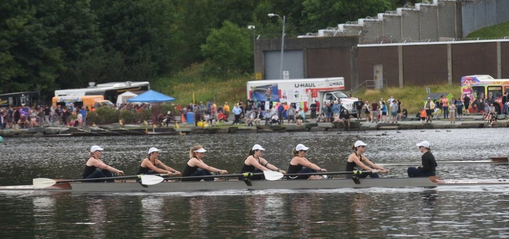 The Studio Verso team races to victory in the women’s long course event at the Royal St. John's Regatta in St. John's, Aug. 4, 2022. THE CANADIAN PRESS/Bud Gaulton