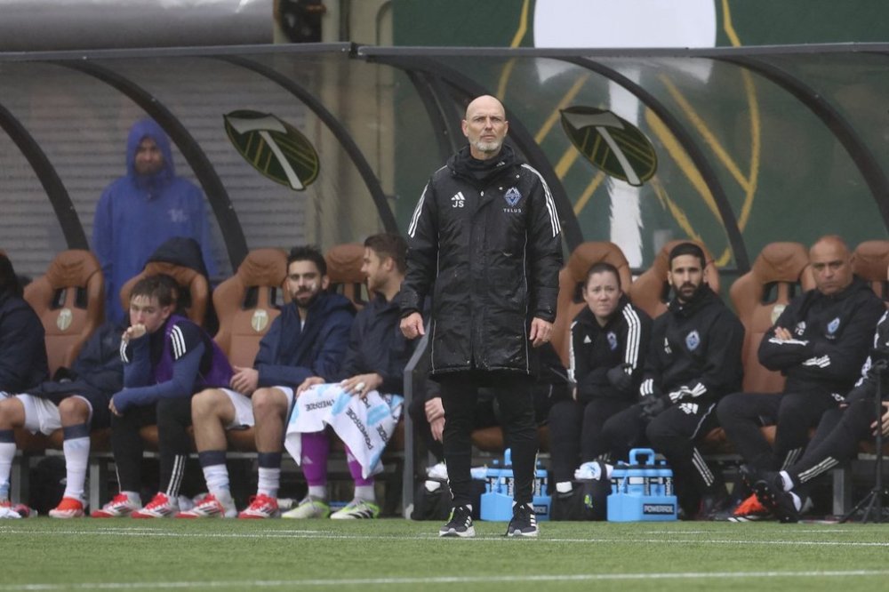 Vancouver Whitecaps head coach Jesper Sorensen looks on during the second half of an MLS soccer game against the Portland Timbers Sunday, Feb. 23, 2025, in Portland, Ore. THE CANADIAN PRESS/AP-Amanda Loman