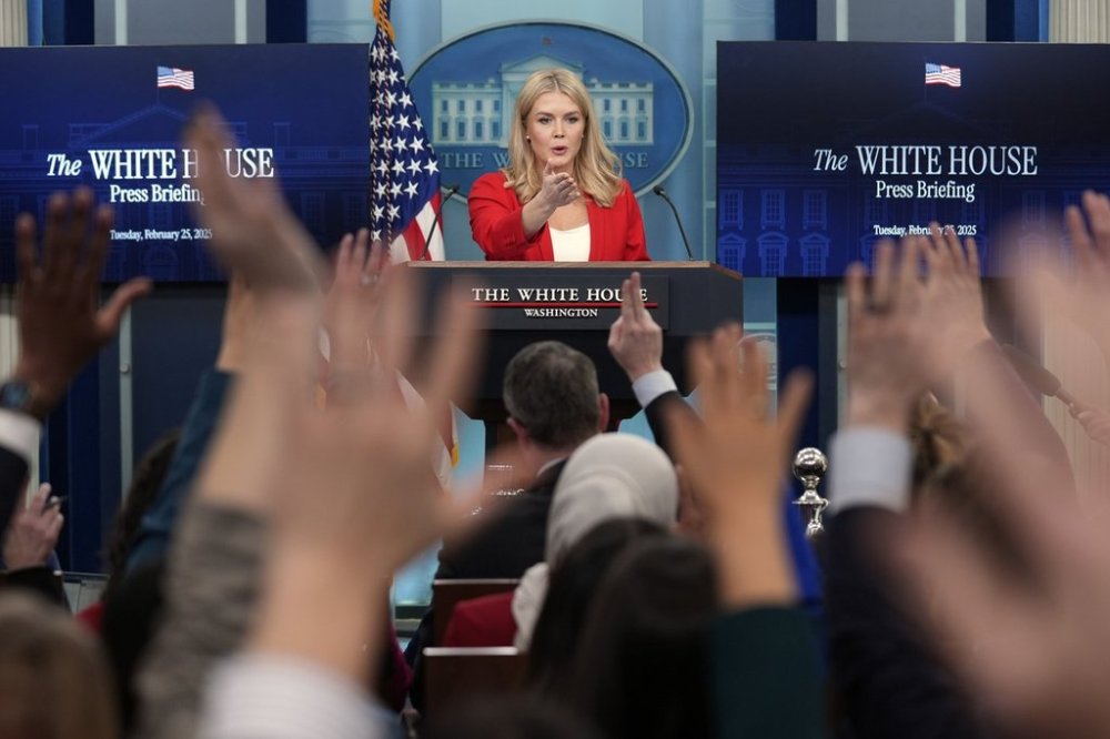 White House press secretary Karoline Leavitt speaks during a press briefing in the James Brady Press Briefing Room at the White House, Tuesday, Feb. 25, 2025, in Washington. (AP Photo/Evan Vucci)