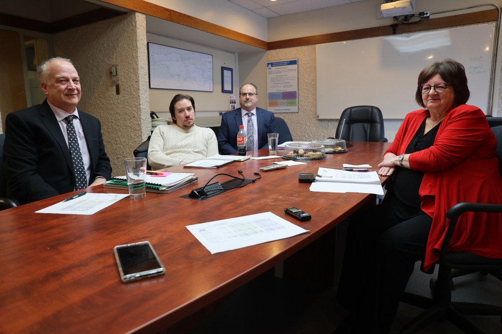 Brandon School Division Supt. Mathew Gustafson (from left), board of trustee vice-chair Duncan Ross, secretary-treasurer Denis Labossiere, and board chair Linda Ross are shown following this year's budget deliberations. (Abiola Odutola/The Brandon Sun)