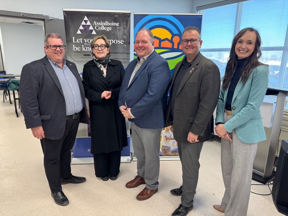 Assiniboine College president Mark Frison (from left), Interlake-Eastern Regional Health Authority chief executive officer Marion Ellis, Beausejour Mayor Ray Schirle, Lac du Bonnet Progressive Conservative MLA Wayne Ewasko and Advanced Education Minister Renee Cable pose for a photo during the opening of Assiniboine’s practical nursing rotating site in Beausejour on Friday afternoon. (Submitted)