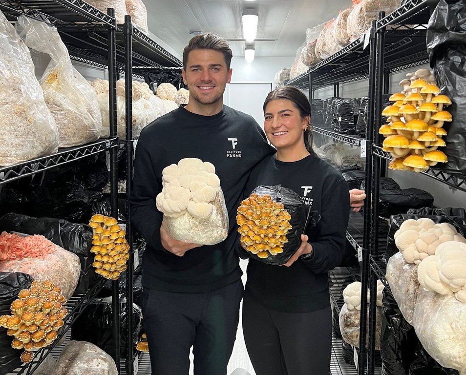 Cavalry FC midfielder Charlie Trafford and his sister Sya Trafford, co-founders of Trafford Farms show off some of the mushrooms they produce in this handout image.
THE CANADIAN PRESS/HO-Charlie Trafford
*MANDATORY CREDIT*