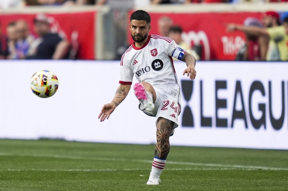 Toronto FC forward Lorenzo Insigne kicks the ball during an MLS soccer match against the New York Red Bulls, Saturday, June 22, 2024, in Harrison, N.J. (AP Photo/Julia Nikhinson)