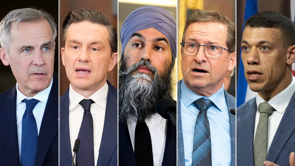 This composite image shows, left to right, Liberal Leader Mark Carney on March 21, 2025; Conservative Leader Pierre Poilievre on March 4, 2025; NDP Leader Jagmeet Singh on Jan. 22, 2025; Bloc Leader Yves-Francois Blanchet on March 5, 2025; Green Party co-leader Jonathan Pedneault on March 5, 2025, in Ottawa. (The Canadian Press)