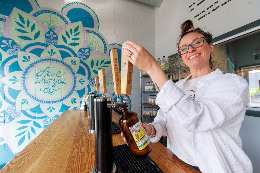 Michelle Leclair, owner of Wolseley Kombucha in Winnipeg, saw the best January on record for her business this year. Leclair believes it’s due, in part, to the “shop Canadian” movement. Still, there’s uncertainty at her business because tariffs will affect Wolseley Kombucha packaging costs, which are already pricey. (Mike Deal/Winnipeg Free Press)