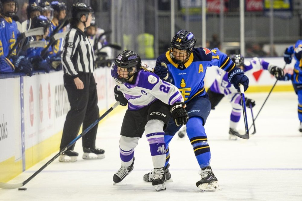 Toronto Sceptres' Renata Fast (14) checks Minnesota Frost's forward Kendall Coyne Schofield (26) during first period PWHL hockey action in Toronto on Sunday, March 9, 2025. THE CANADIAN PRESS/Christopher Katsarov