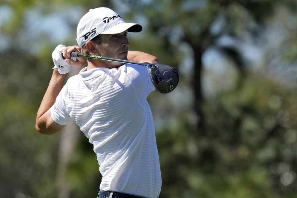 Jacob Bridgeman tees off on the sixth hole during the first round of the Valspar Championship golf tournament Thursday, March 20, 2025, at Innisbrook in Palm Harbor, Fla. (AP Photo/Chris O'Meara)