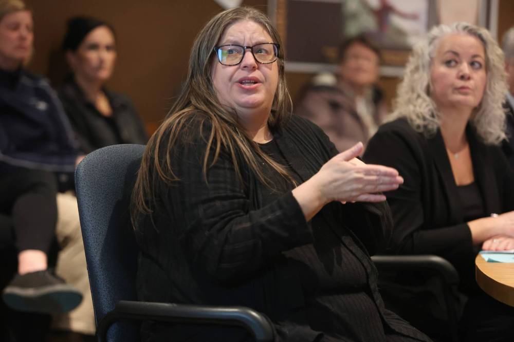 Local advocate Terri Antoniw calls for funding for Deaf/hard-of-hearing students and ASL programming during Monday night's meeting. (Abiola Odutola/The Brandon Sun)