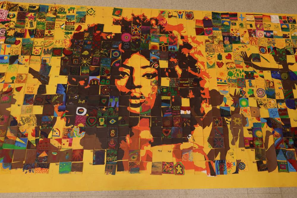 “The Right To Be Known” mosaic is displayed at the Art Gallery of Southwestern Manitoba on Friday evening after more than 100 Brandon residents placed their painted tiles in it. The mosaic was hosted by Brandon University Philosophy and supported by Epistemic Reparation Global Working Group co-leader Jennifer Lackey and Winnipeg-based artist Bruno de Oliveira Jayme. (Photos by Abiola Odutola/The Brandon Sun)