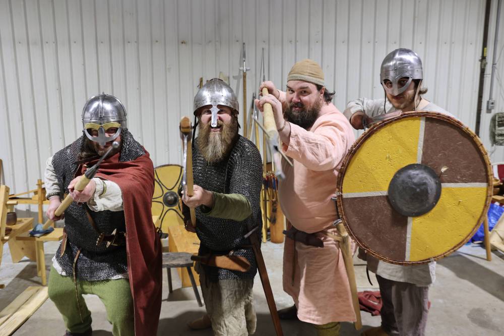 Markland Vikings Group members Mark Peters (from left), James Welbourne, Stefan Lindal, and Aaron Sauve are shown in historical Vikings costume during the Westman Gaming Expo in the Manitoba Room Keystone Centre on Sunday morning. (Photos by Abiola Odutola/The Brandon Sun)