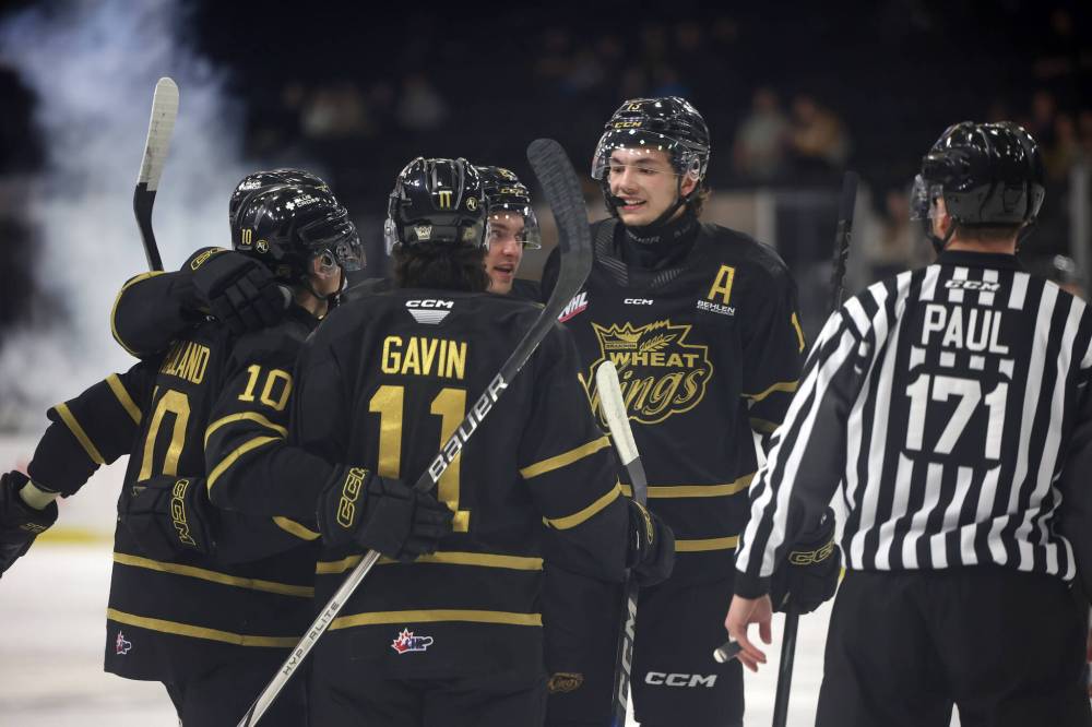 Brandon Wheat Kings players celebrate a goal by Caleb Hadland during WHL action against the Moose Jaw Warriors at Westoba Place on Friday evening. (Tim Smith/The Brandon Sun)