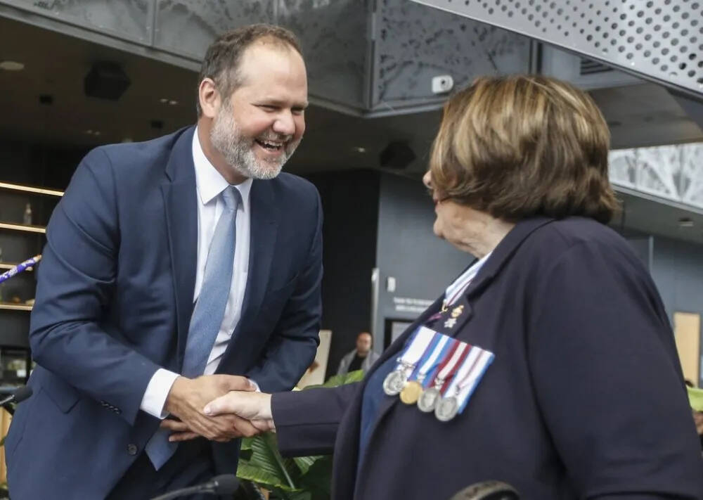 Justice Minister and Attorney General Matt Wiebe is sworn in by Lt.-Gov. Anita Neville at a ceremony in Winnipeg in October 2023. (The Canadian Press files)