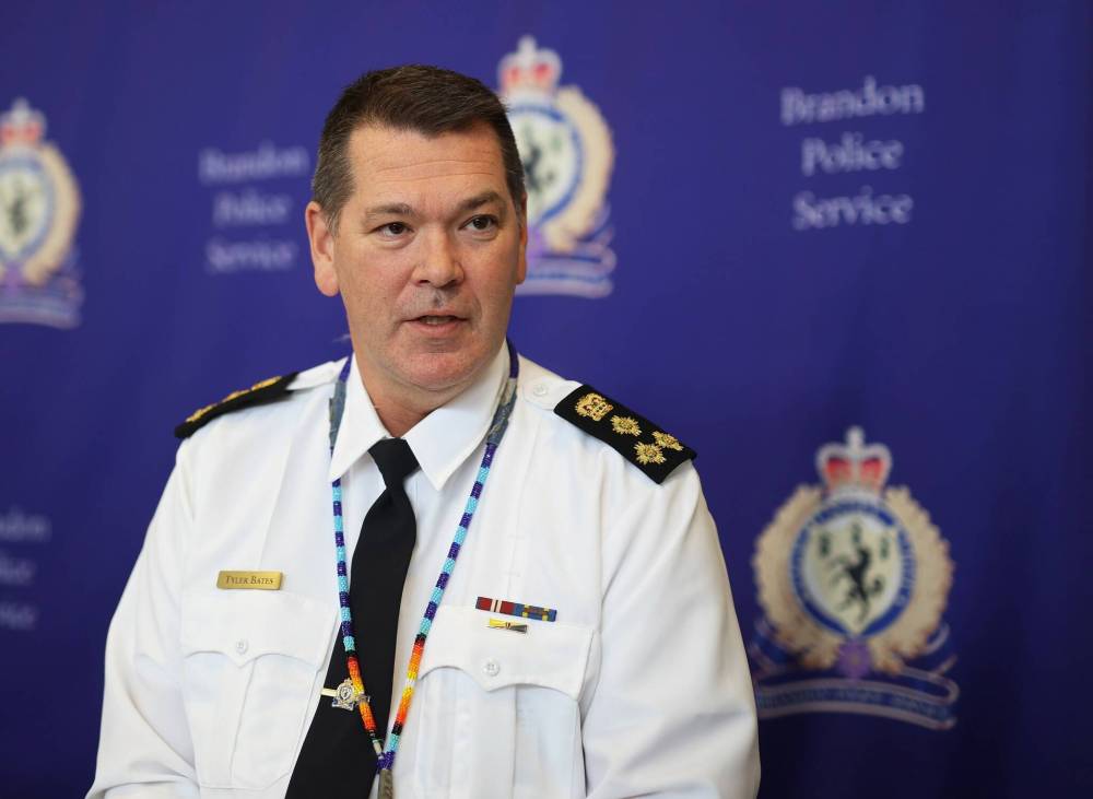 Brandon police Chief Tyler Bates speaks during a news conference last November in Brandon. (Tim Smith/The Brandon Sun files)