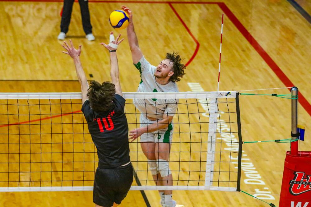 Jefferson Morrow transferred to the Saskatchewan Huskies from the MacEwan Griffins with the goal of reaching the U Sports men's volleyball championship. The senior left side will play his first and last this week in Brandon. (David Larkins/Wesmen Athletics)