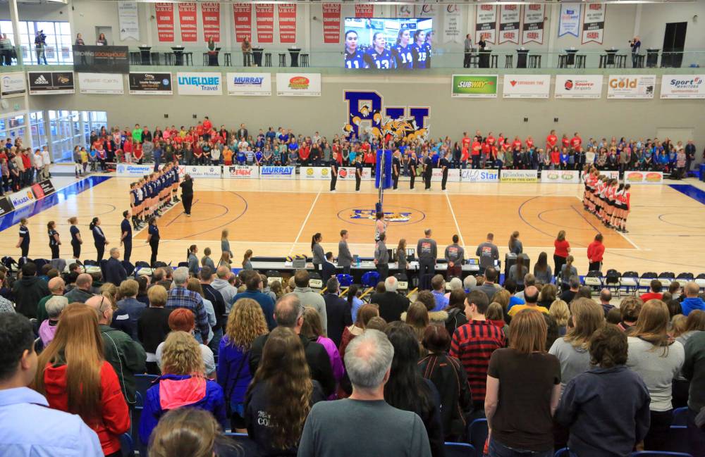 A bustling crowd is seen at the beginning of the opening match of the 2016 U Sports women's volleyball championship. (Brandon Sun files)