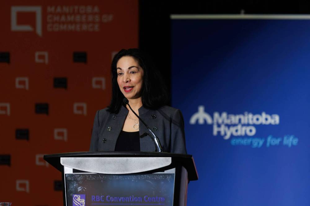 Jay Grewal, then president and CEO of Manitoba Hydro, speaks during a Manitoba Chamber of Commerce breakfast in Winnipeg in January 2024. Deveryn Ross writes that in February 2024, Grewal said that the province could require new energy generation as early as 2029, and must begin looking for ways to encourage Manitobans to reduce demand. (Mike Deal/Winnipeg Free Press files)
