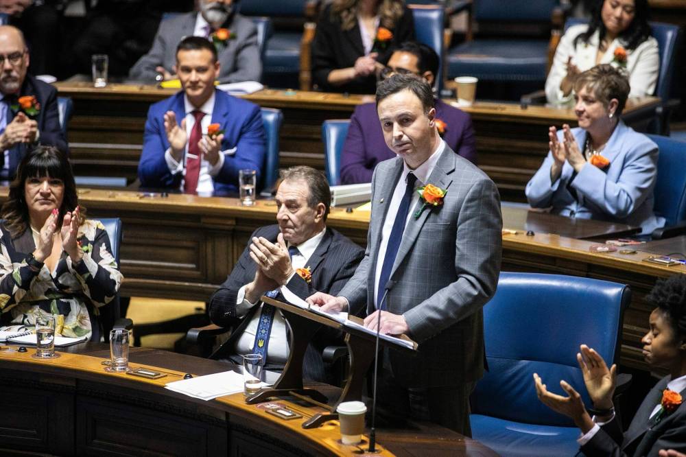 Finance Minister Adrien Sala delivers the budget speech in the Manitoba legislature on Thursday. (Mikaela MacKenzie/Winnipeg Free Press)