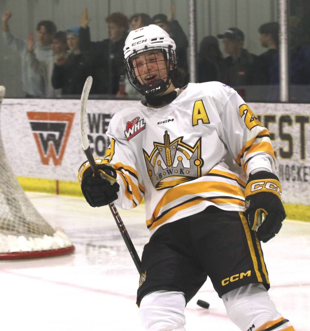 Brandon Wheat Kings forward Jonah Lemoine (29) celebrates a goal during Game 3 of his team’s semifinal sweep of the Southwest Cougars at J&G Homes Arena on March 15. Lemoine leads all scorers in the playoffs with 17 points in six games. (Perry Bergson/The Brandon Sun)