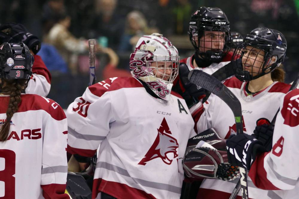 Assiniboine College goaltender Payton Murray, shown during a home game earlier this season, turned away 18 of 19 shots in the Cougars’ 2025 ACHA Division 2 national championship opener on Friday. (Matt Packwood/The Brandon Sun)