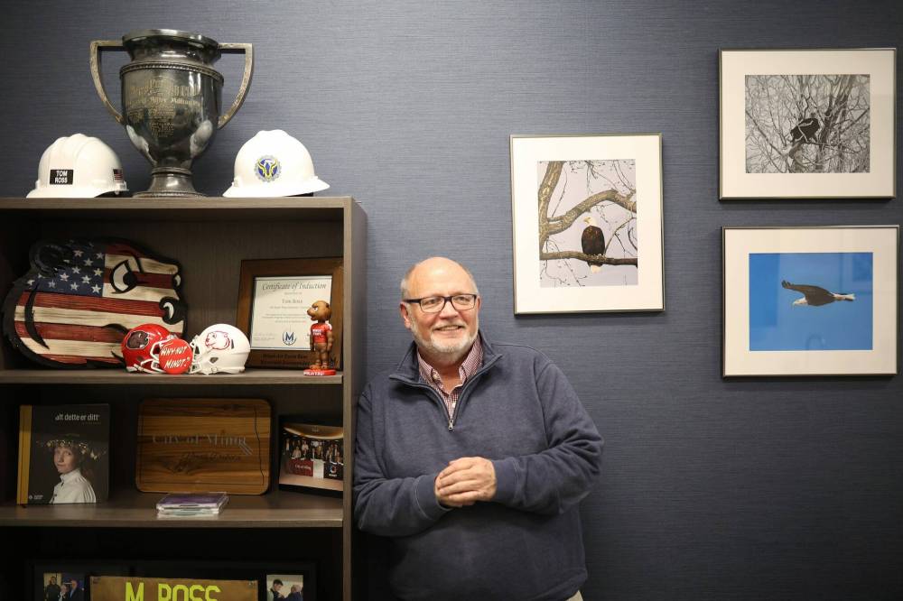 Minot Mayor Tom Ross in his office at Minot City Hall on Tuesday. Ross says Canadians have become a part of Minot’s tourism and hospitality industry. (Tim Smith/The Brandon Sun)