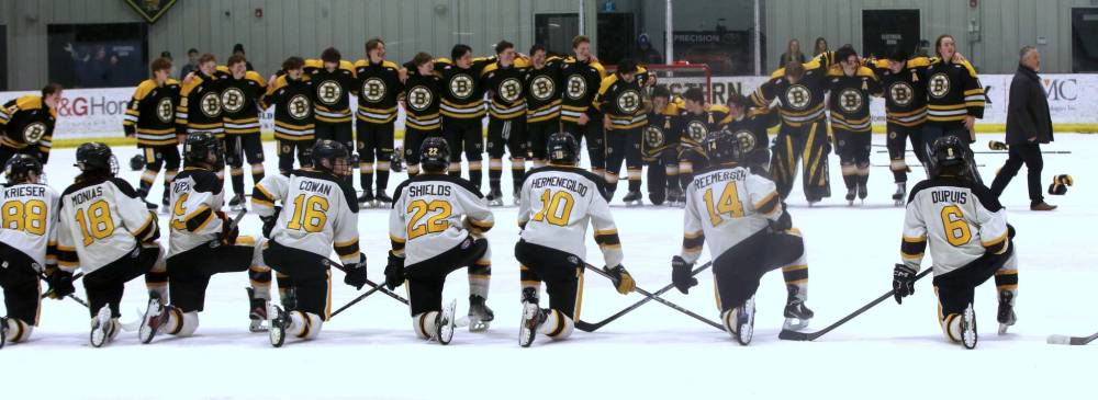 The Brandon Wheat Kings gather at the blue-line as the Winnipeg Bruins celebrate their U17 AAA Winnipeg Hockey League championship following their 3-2 victory in Game 4 at J&G Homes Arena on Saturday afternoon. (Perry Bergson/The Brandon Sun)
March 22, 2025