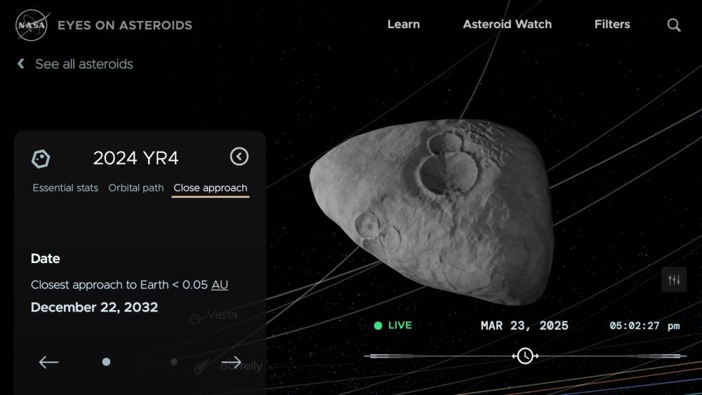 NASA’S asteroid tracker shows a depiction of asteroid 2024 YR4. The asteroid’s path caused some worry in late 2024 due to its path, which would take it relatively close to Earth. It’s now predicted that 2024 YR4 will not hit Earth, but Martin Connors explains that it and other asteroids will return. (NASA/JPL)