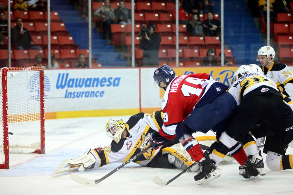 Lethbridge Hurricanes forward Brad Morrison (19) fires a shot past Brandon Wheat Kings goalie Dylan Myskiw (35) during Game 3 of their semifinal series at Westoba Place on April 10, 2018. Brandon won 5-4 that night. (Tim Smith/The Brandon Sun)