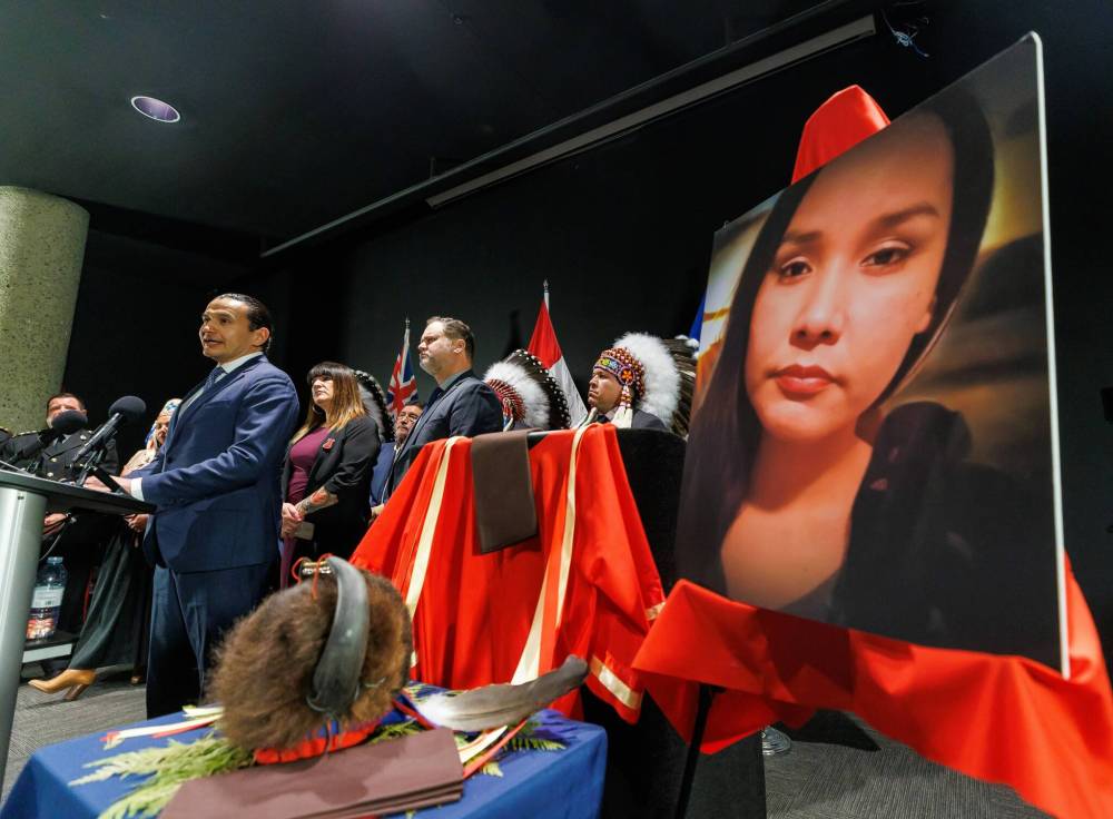 Premier Wab Kinew speaks at Wednesday’s news conference in Winnipeg publicly identifying Ashlee Christine Shingoose as the first victim of serial killer Jeremy Skibicki. (Mike Deal/Winnipeg Free Press)