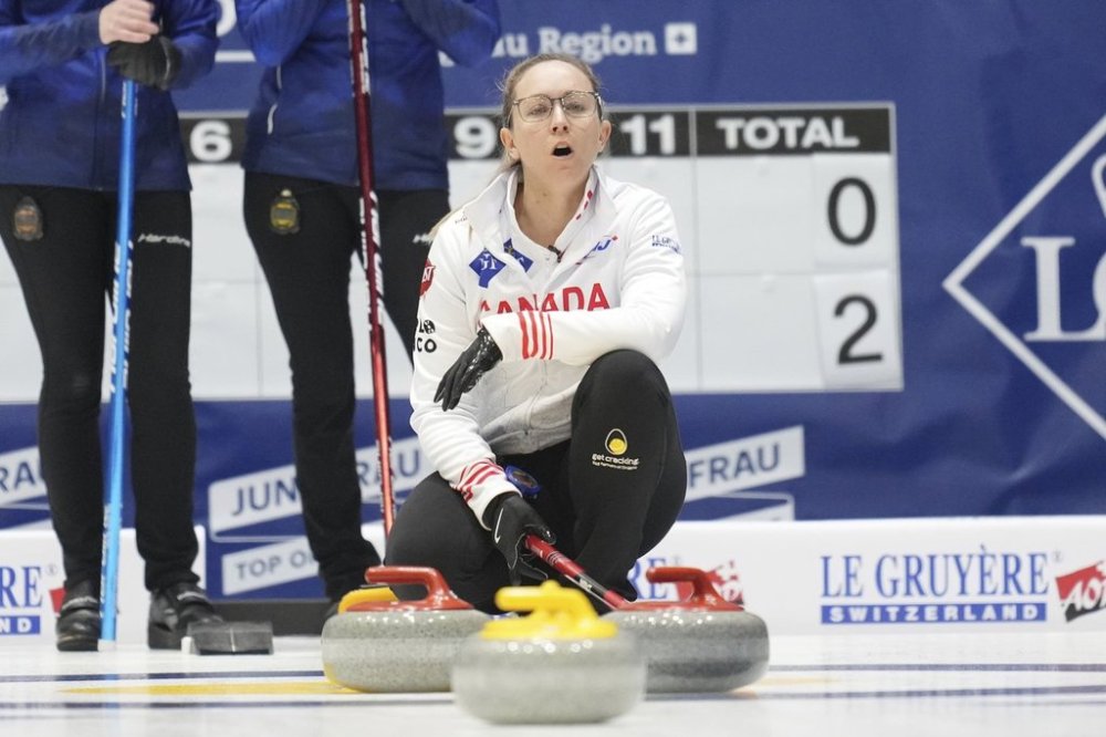 Canada's skip Rachel Homan, calls the sweep during the match against the United States at the World Women's Curling Championship in Uijeongbu, South Korea, Tuesday, March 18, 2025. (AP Photo/Lee Jin-man)