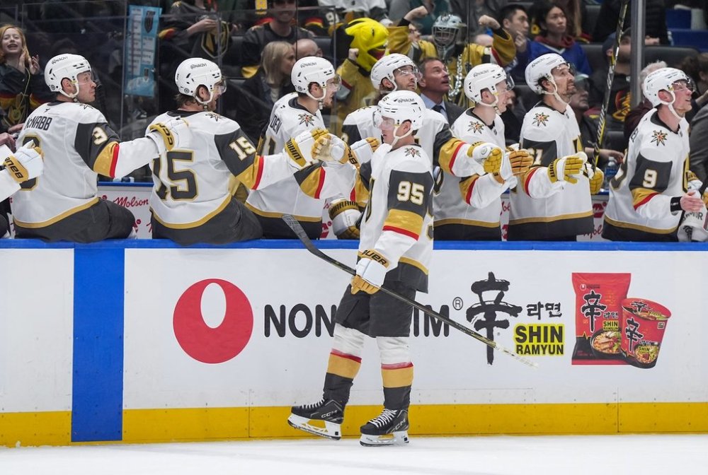 Vegas Golden Knights' Victor Olofsson (95) celebrates his goal against the Vancouver Canucks during the third period of an NHL hockey game in Vancouver, on Sunday, April 6, 2025. THE CANADIAN PRESS/Darryl Dyck