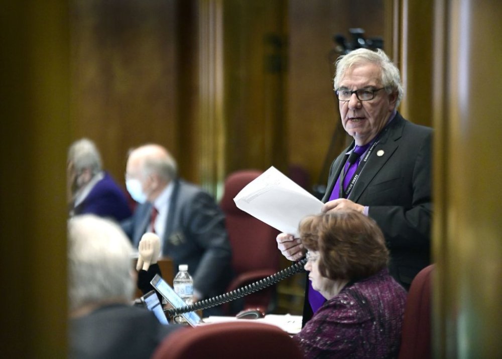 FILE - North Dakota Sen. Ray Holmberg, R-Grand Forks, speaks on the Senate floor at the state Capitol in Bismarck, N.D., in November 2021. (Mike McCleary/The Bismarck Tribune via AP, File)