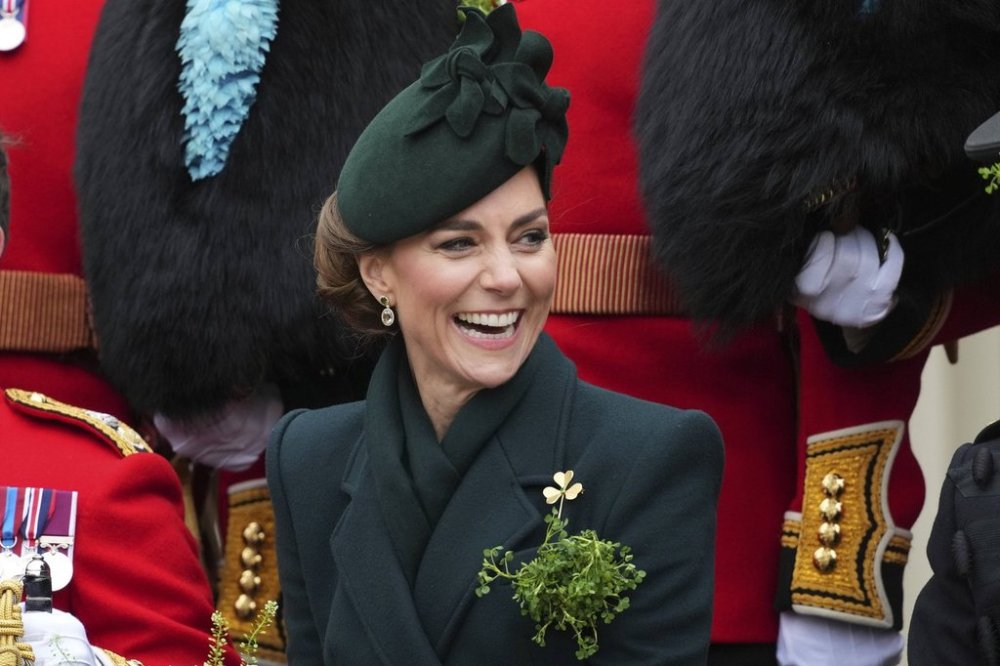 Britain's Kate, the Princess of Wales, laughs as she joins the Irish Guards, their veterans, families, serving soldiers, reservists, and young cadets from Northern Ireland, at a special St Patrick's Day parade and celebration at Wellington Barracks in London, Monday, March 17, 2025.(AP Photo/Kirsty Wigglesworth)
