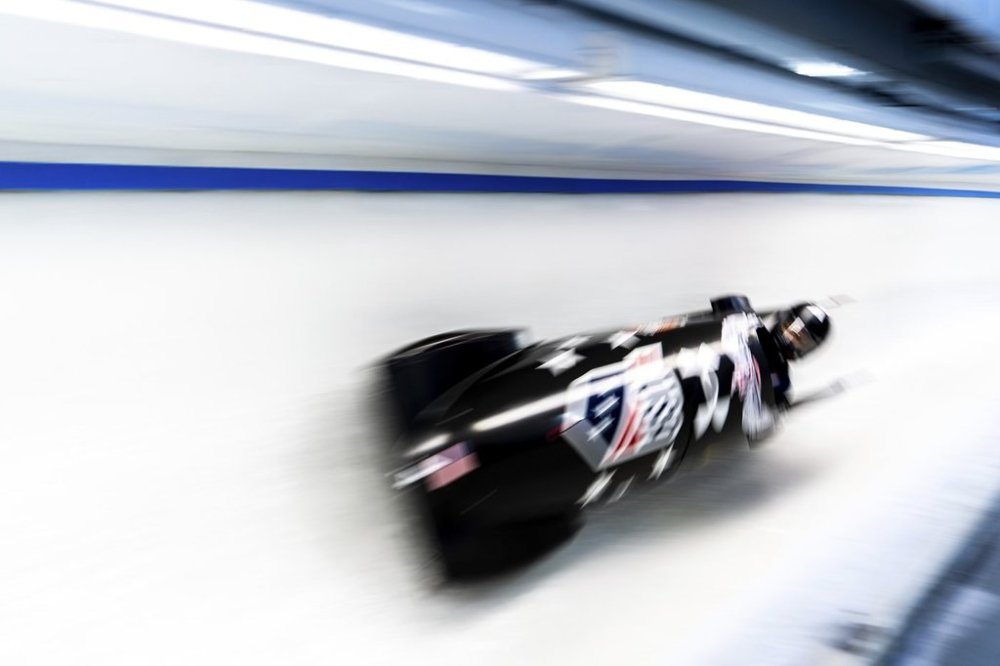 Kaysha Love, of the United States, takes a curve during her second run in the women's monobob at the bobsledding world championships, Saturday, March 8, 2025, in Lake Placid, N.Y. (AP Photo/Julia Demaree Nikhinson)