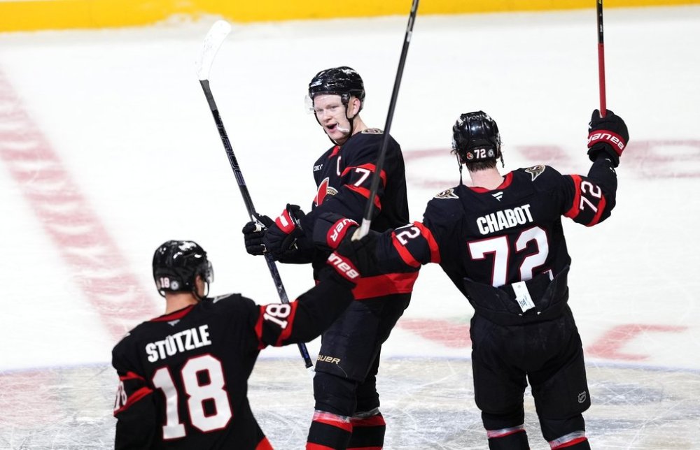 Ottawa Senators' Brady Tkachuk (7) celebrates his game winning goal against the New York Rangers with Thomas Chabot (72) and Tim Stutzle (18) during overtime period NHL hockey action in Ottawa, on Saturday, March 8, 2025. THE CANADIAN PRESS/Justin Tang